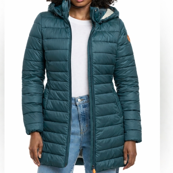 Save The Duck Puffer Long Jacket, Teal Blue Green Women's Winter Coat - Picture 9 of 16